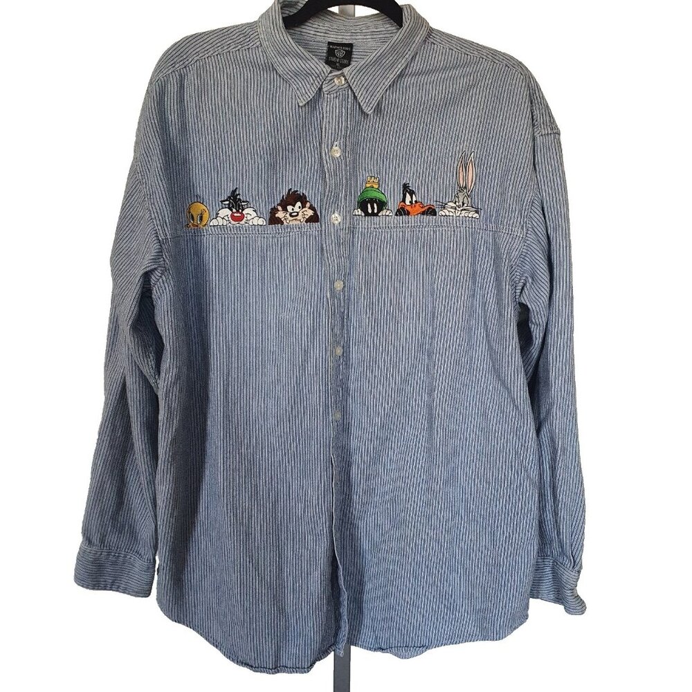 Warner Bros Vintage Looney Tunes Striped Blue Button Up Size XL Embroidered Girl